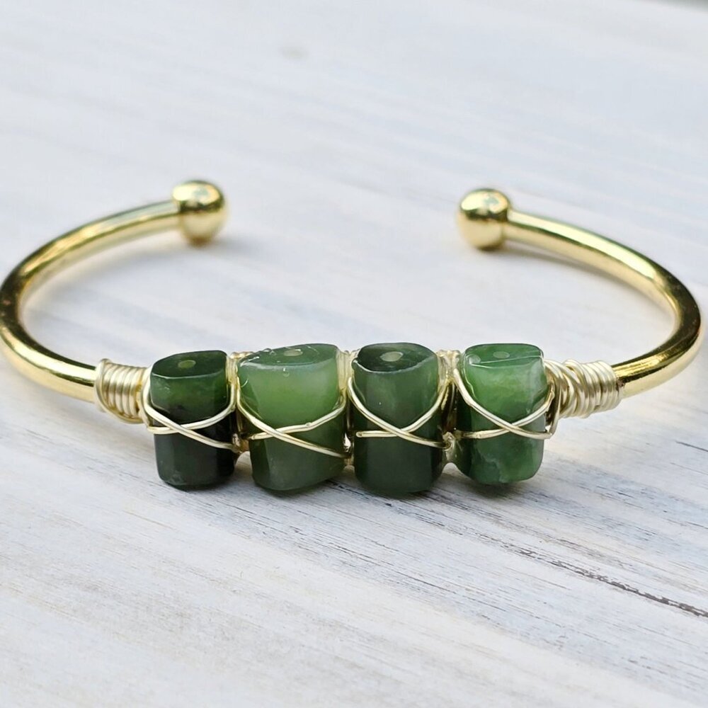 Jade ✦ 4‑Stone Wire Wrap Wisdom Cuff ✦ 14Kt Gold Over Copper Adjustable Talisman - Picture 9 of 13